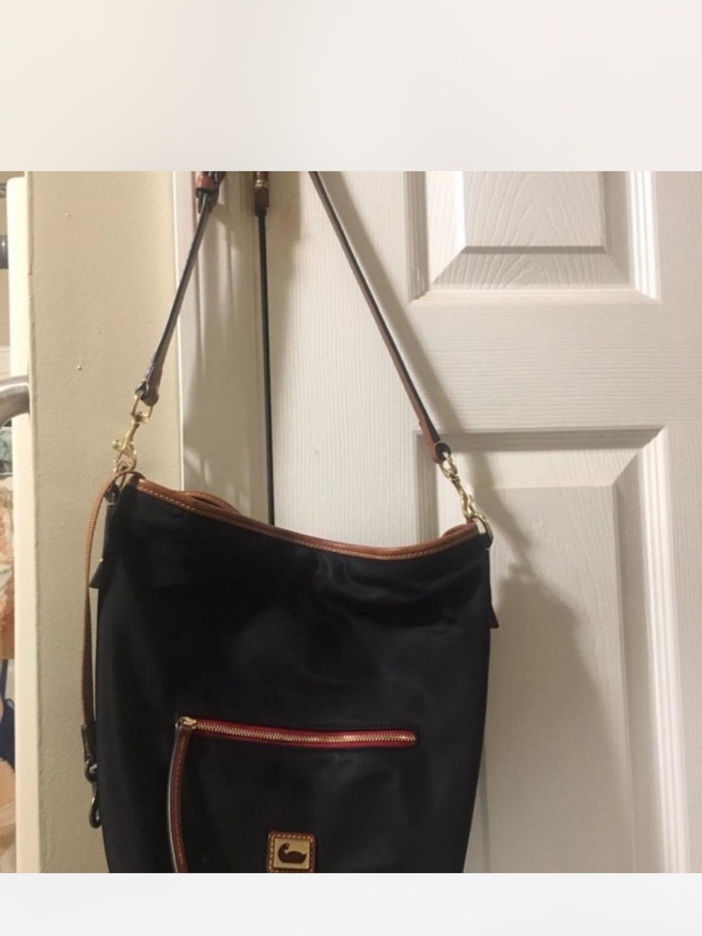 Dooney & Bourke Black Nylon Shoulder Bag with Brown Trim
